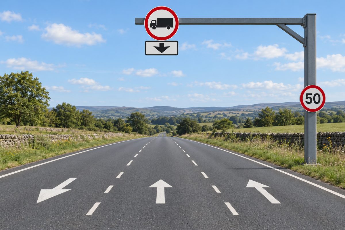 A rural three-lane road with one oncoming lane, an overhead lorry symbol and downward plate over the centre lane, and a separate roadside 50 sign.