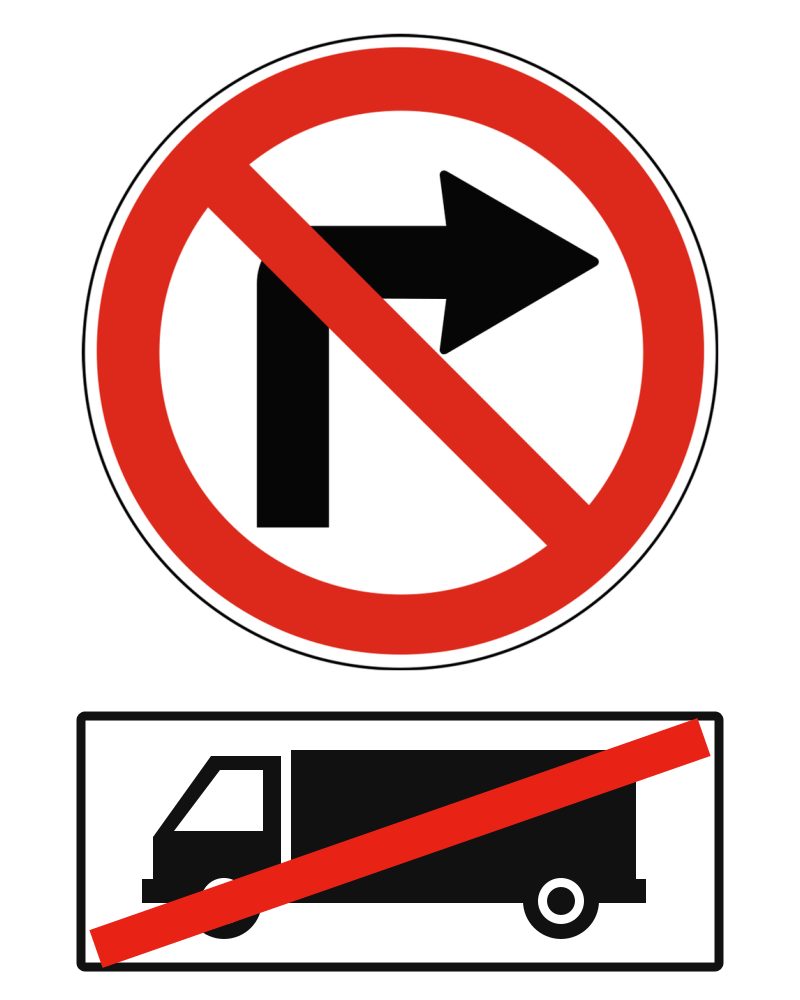A red-bordered circular sign with a barred black right-turn arrow, above a white plate showing a side-view lorry crossed by a red diagonal bar.