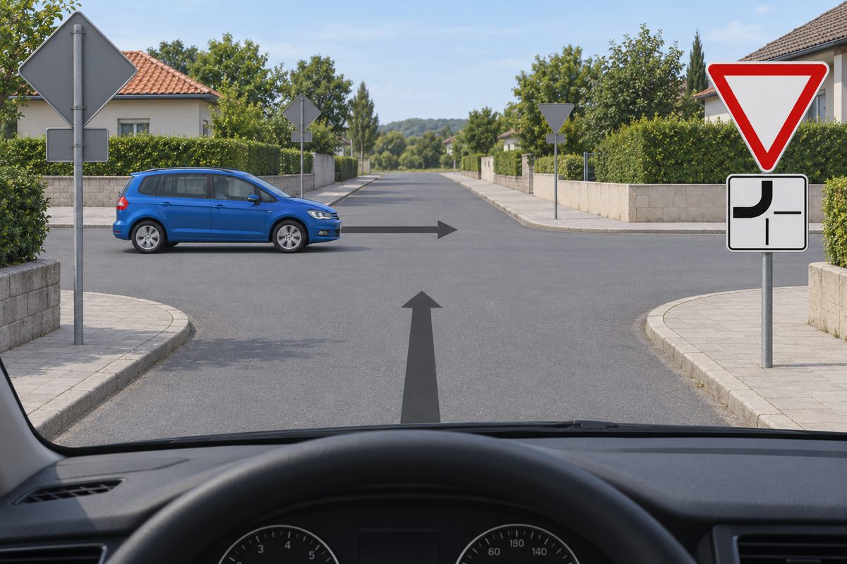Driver view with a straight-ahead arrow and a blue passenger minivan crossing from left to right. A downward-pointing white triangle with a red border on the near right has a plate with a thick top-to-left route and thin bottom and right branches.