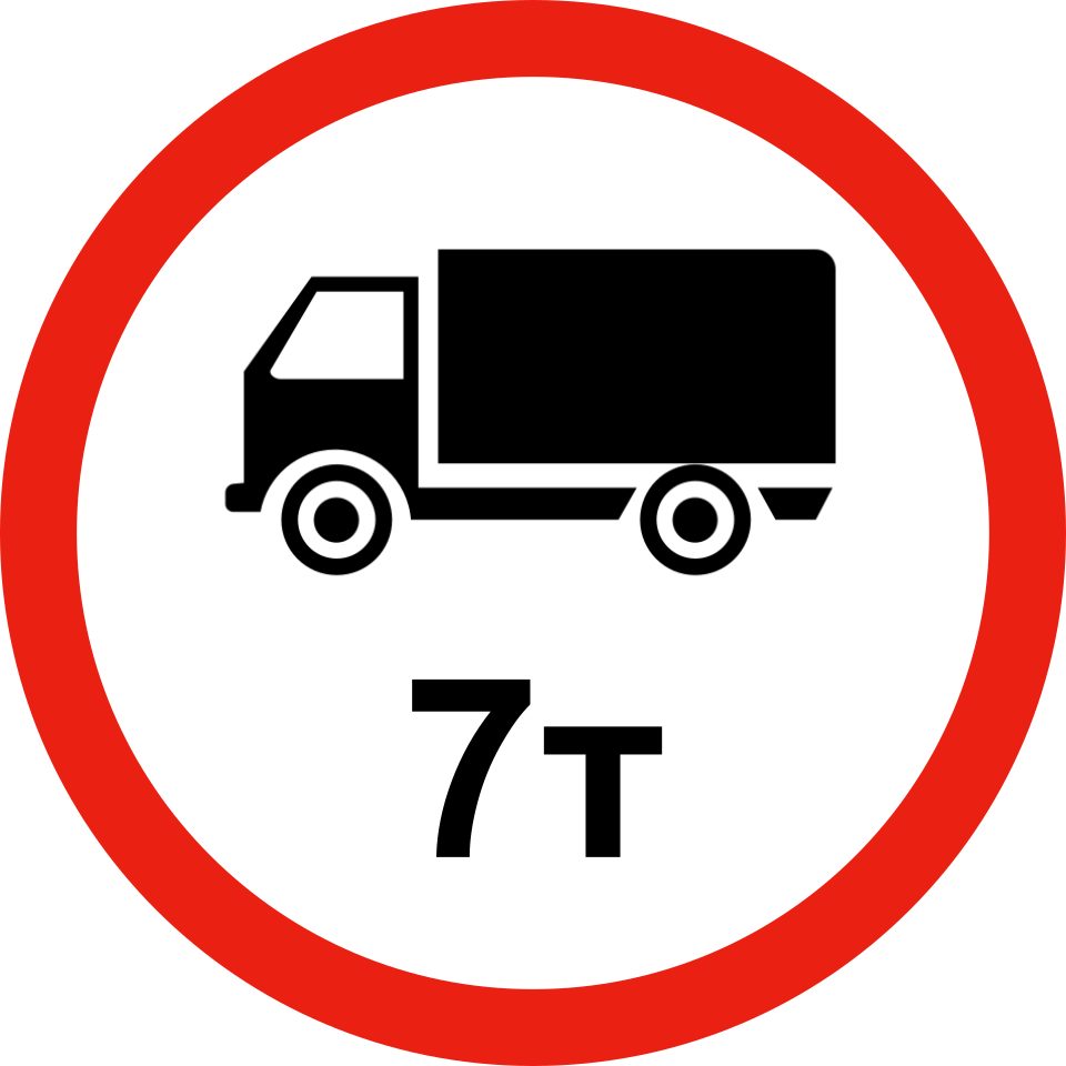Red-bordered white circular sign with a black lorry facing left and 7т beneath it.