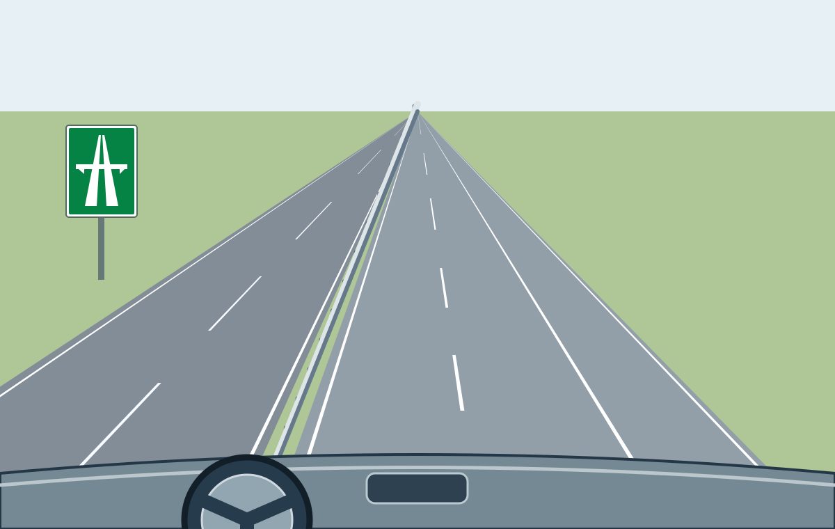 Driver view from the left lane of an empty two-lane motorway.