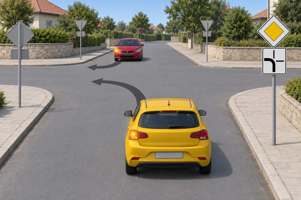 Rear view of a yellow car signaling left, with an oncoming red car signaling its right turn; both arrows lead to the left exit. A yellow diamond and a plate with a thick bottom-to-left route stand on the near right.