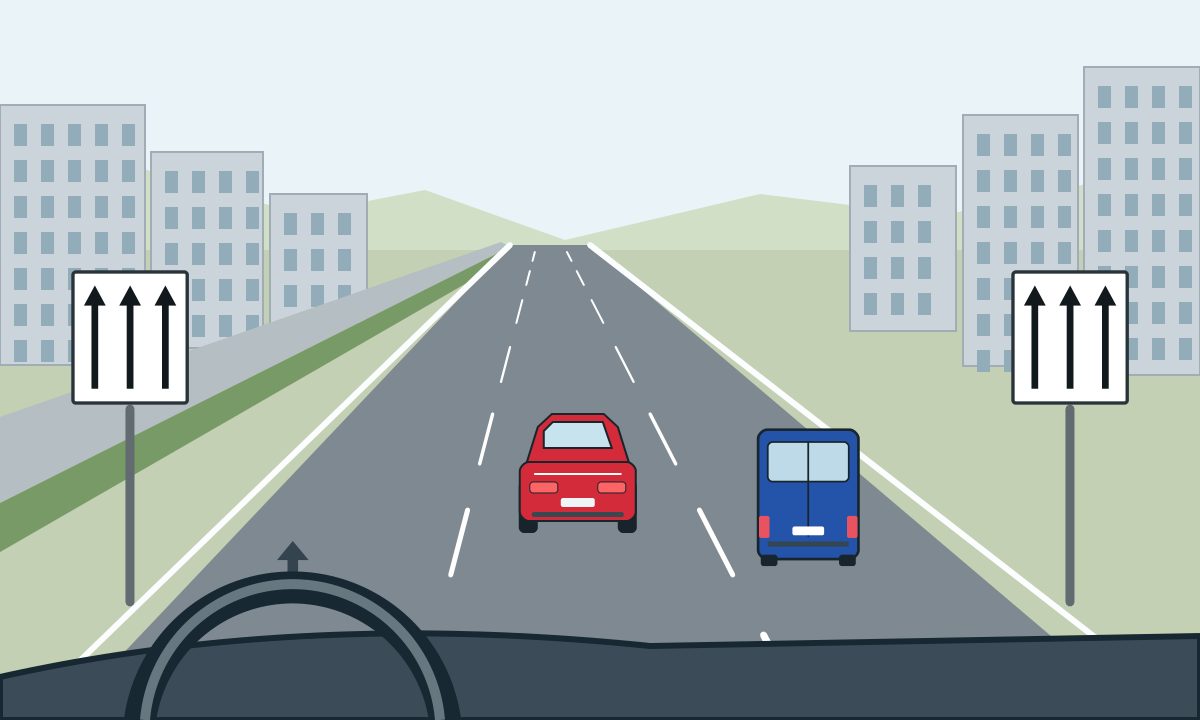 Driver view of three urban lanes, a red car, a blue van, and white roadside panels each showing three upward arrows.