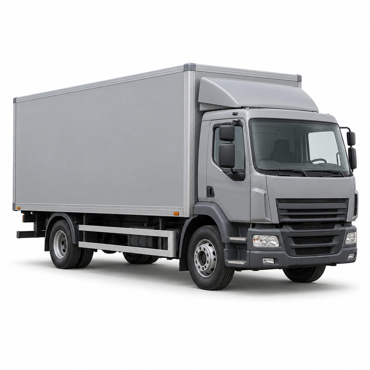 Grey road vehicle with a cab and enclosed load body.
