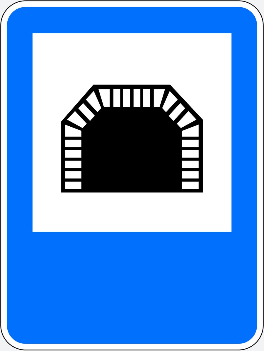 Portrait blue rectangle with a white inset panel containing a black arched opening outlined by small rectangular blocks.