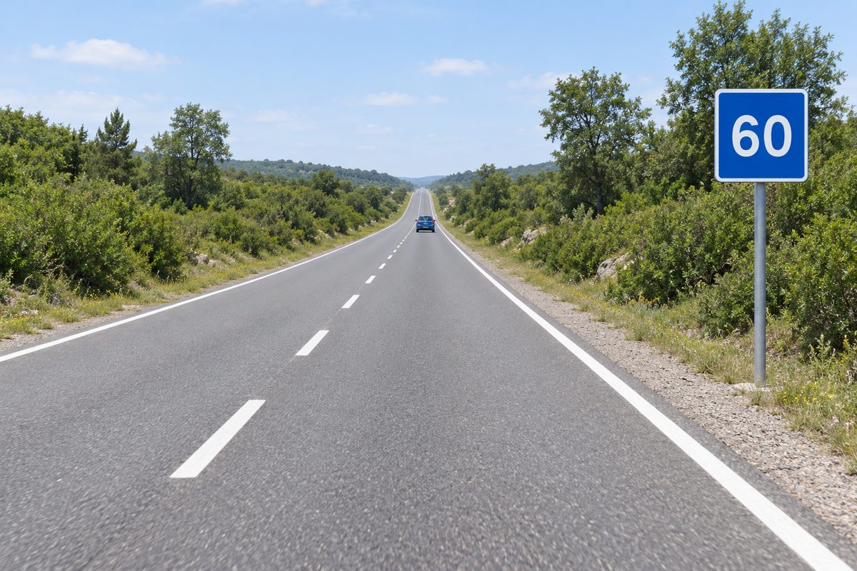 A straight rural road with a distant blue car ahead and a square blue 60 sign on the right shoulder.