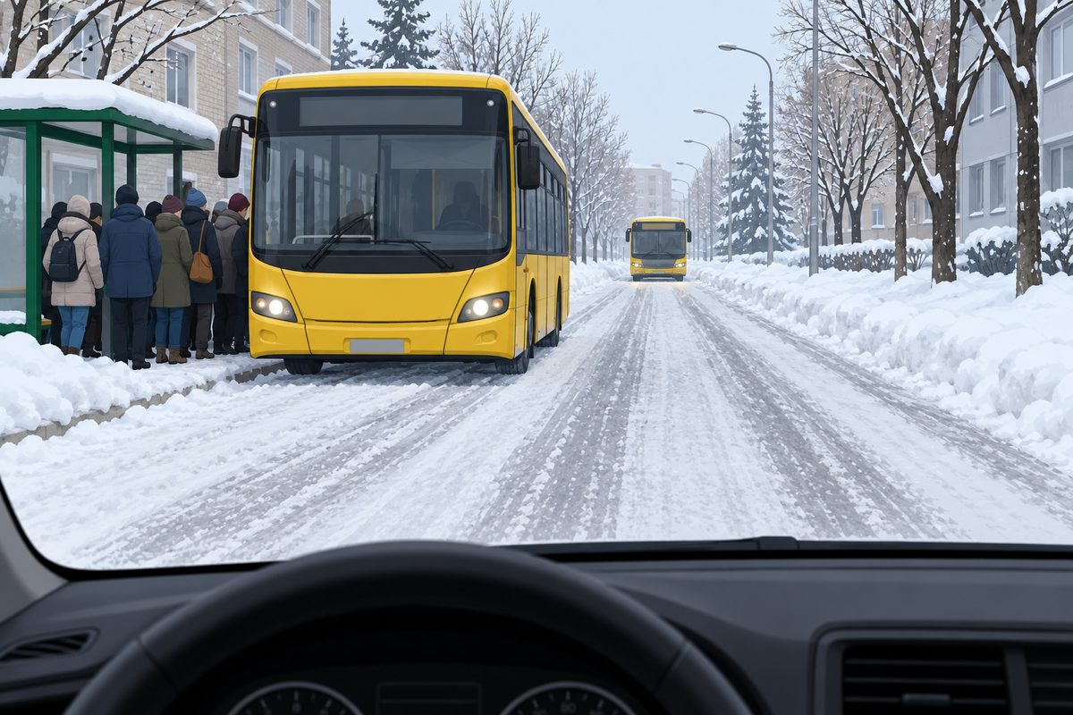 Two yellow buses facing the driver on a snowy road, with a crowd beside the nearer bus and a shelter on the left.