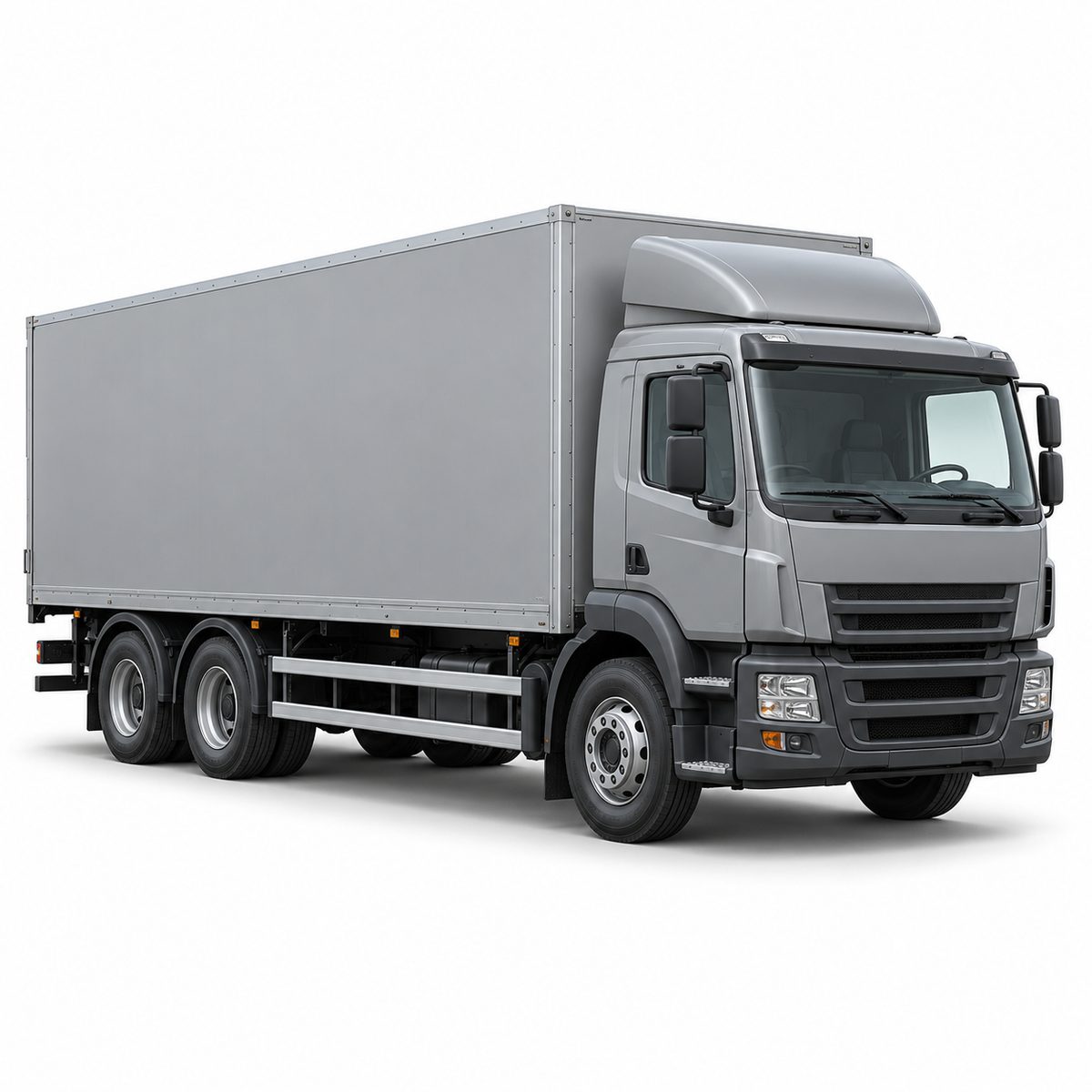 Grey road vehicle with a cab and tall enclosed load body.