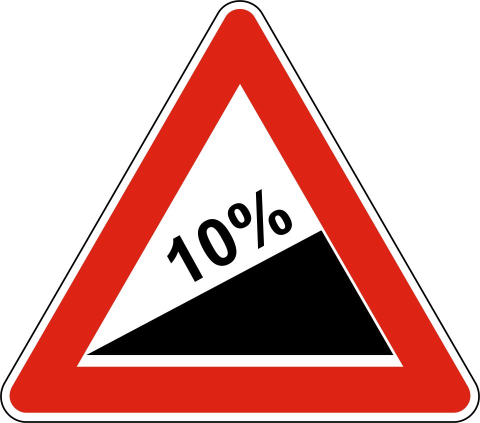 Red-bordered upright triangle; black slope ascends left to right; exact 10% numeral.