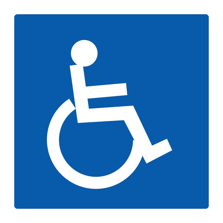 A blue square with a white seated figure and circular wheel symbol.