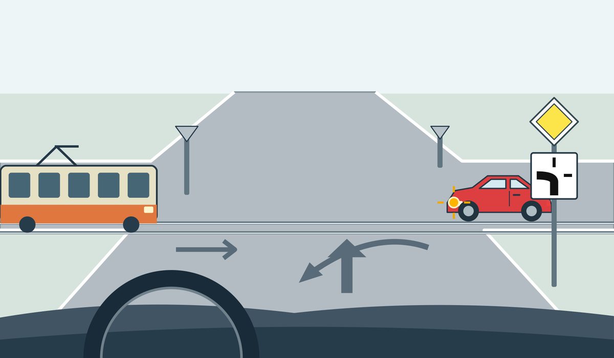Driver view of a tram approaching from the left, a red car approaching from the right with its indicator on, and a yellow diamond with a white border above a white plate with a thick black line joining its bottom and left arms and thin black top and right arms.