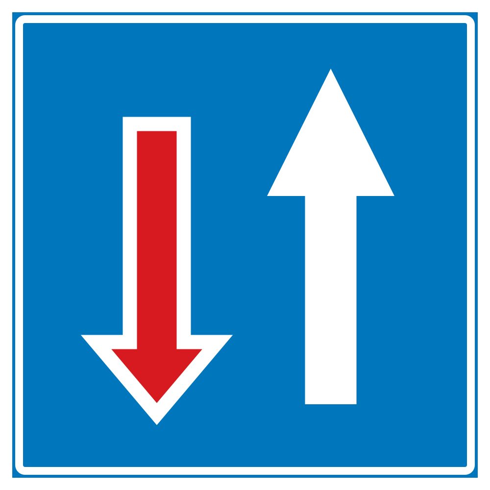 Blue square with a white-outlined red downward arrow at left and a white upward arrow at right.