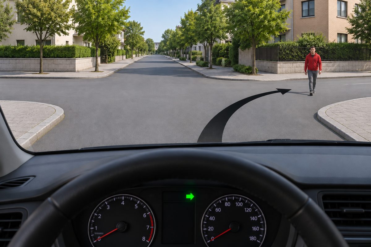 Windscreen view of an unmarked crossroads. A green right-pointing dashboard arrow is lit, a black road arrow curves right, and a red-jacketed pedestrian walks toward the viewer across the right-hand road mouth.