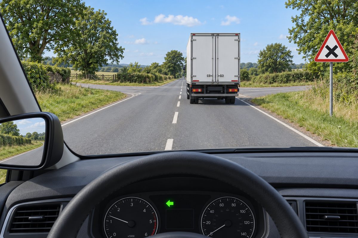 Driver view behind and to the left of a white box lorry, approaching side roads on both sides. A red-bordered triangular sign contains a black X. The centre line is broken and the dashboard has a green left arrow.