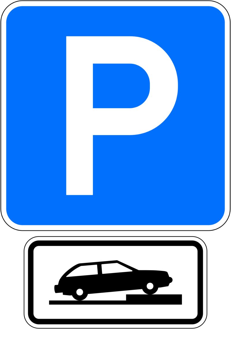 Blue square with a white border and a large white capital “P”. A white, black-bordered plate below shows a black car facing right, with its right wheel on a raised step.