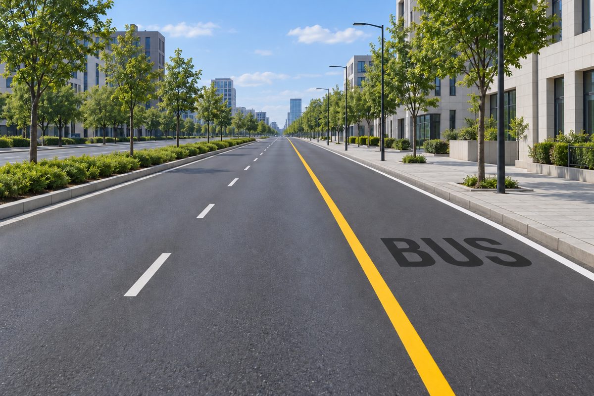 Road with a BUS-marked lane on the right and a line separating it from adjacent traffic.