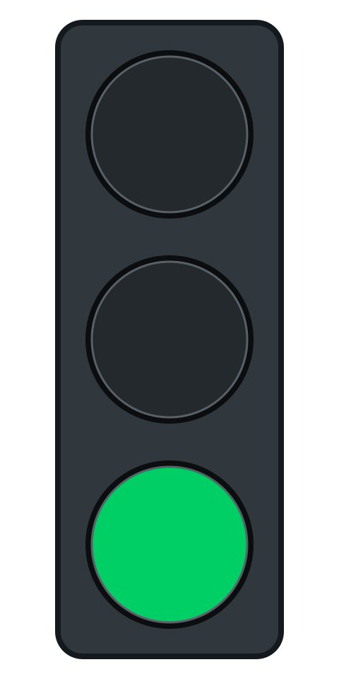 A three-lamp traffic signal with the bottom green lamp illuminated and the top and middle lamps dark.