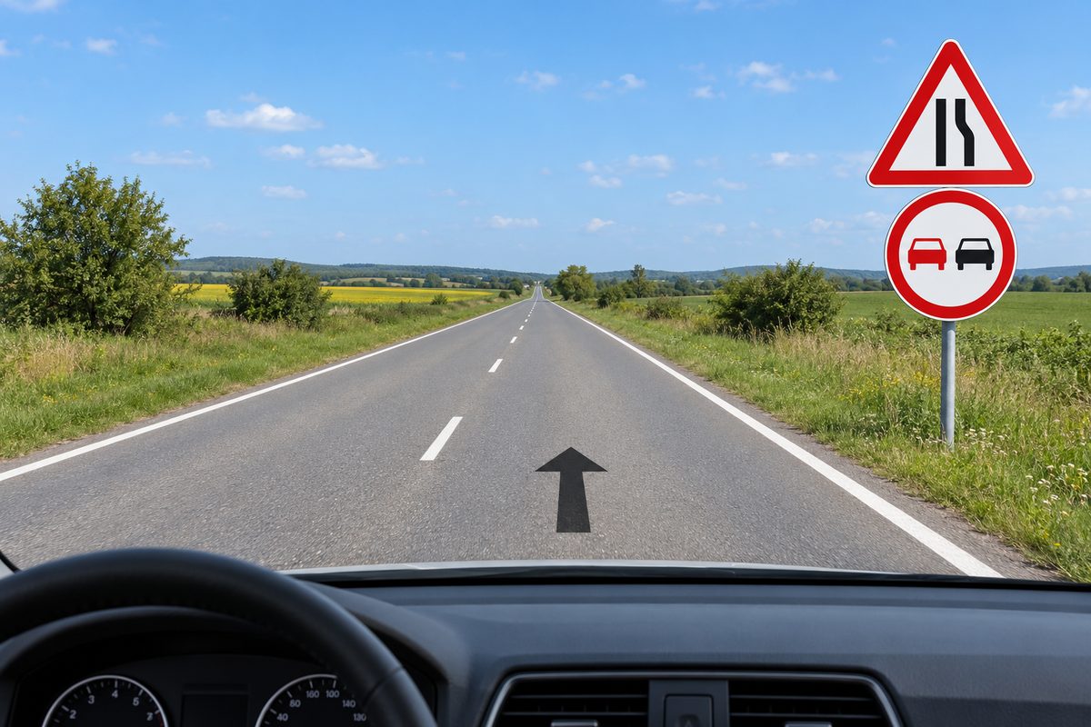 A straight rural road with a forward arrow and a right-side post carrying a narrowing warning above a two-car prohibition sign.