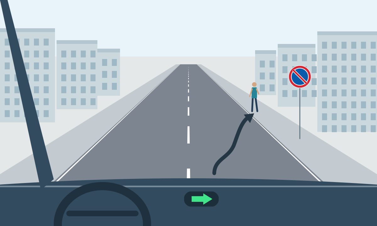 View from a car towards a pedestrian, circular sign and arrow by the right kerb.