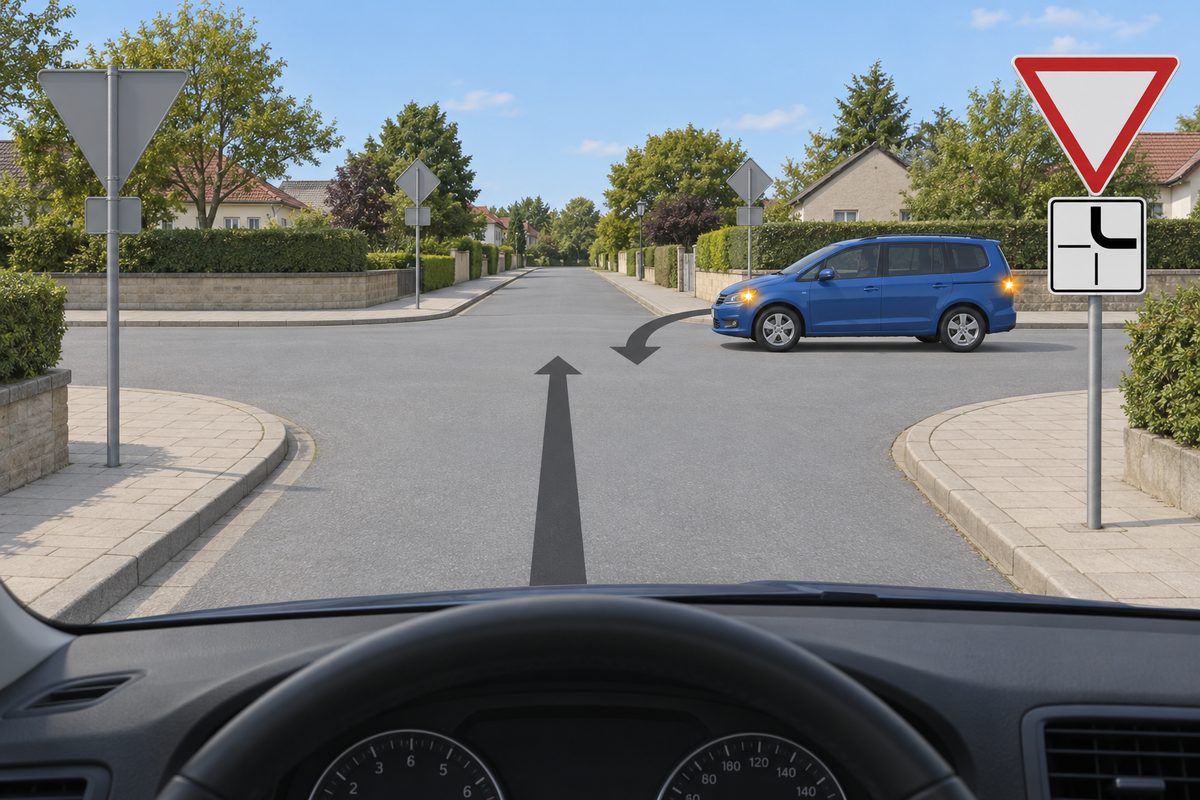 Driver view with a straight-ahead arrow. A blue passenger minivan approaches from the right, signaling a turn toward the foreground. The near-right downward-pointing white triangle with a red border has a plate with a thick top-to-right route and thin bottom and left branches.