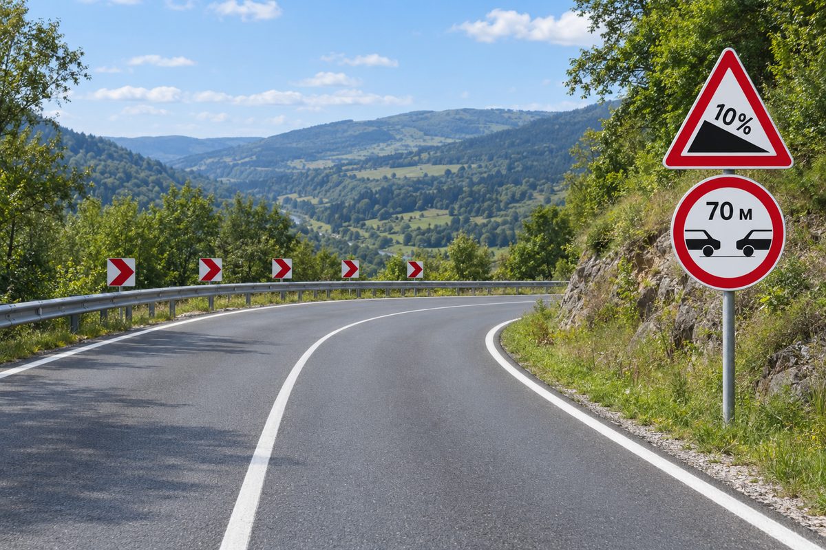 A rural right bend with chevron boards and a post carrying a 10% slope triangle above a circular 70 м two-car sign.