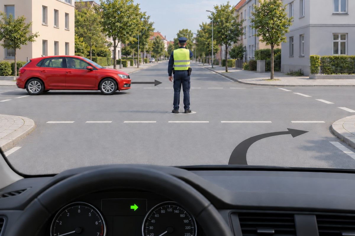Traffic controller seen from behind at a junction; red car moving left to right and the viewer’s right-turn arrow and dashboard indicator.