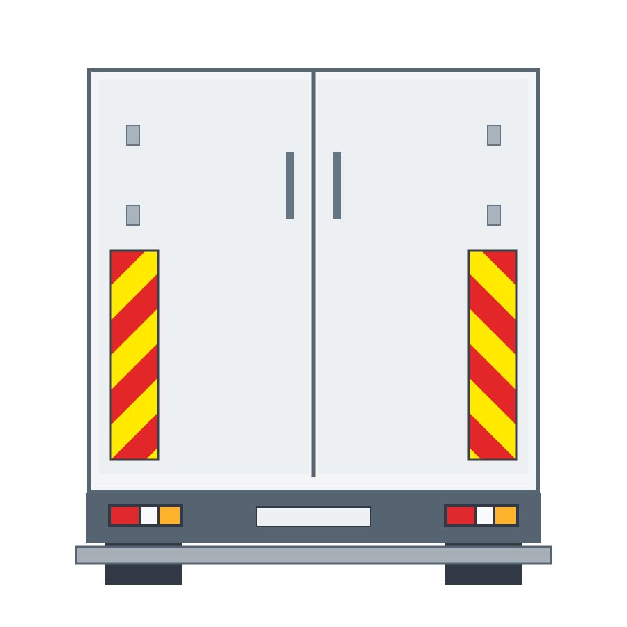 Rear of a vehicle with two vertical panels of red and yellow diagonal stripes.