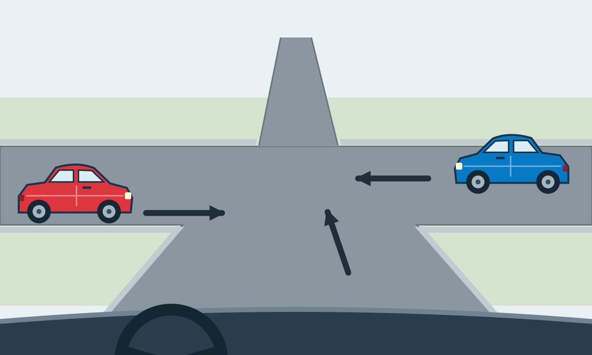 Driver’s view of an unsigned crossroads, continuing straight; a red car approaches from the left and a blue car approaches from the right.