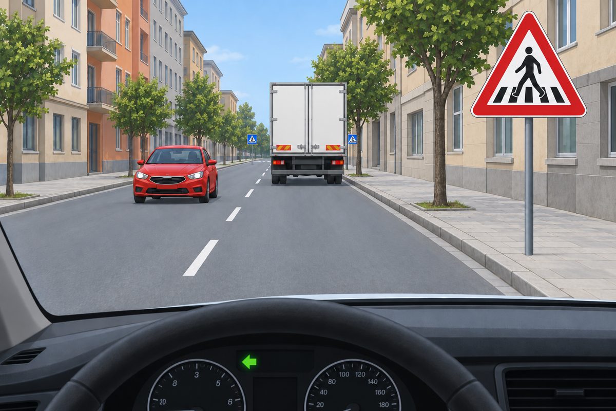 An urban street seen through a windscreen, with a white lorry ahead, a red oncoming car, a pedestrian warning sign and a green left indicator.