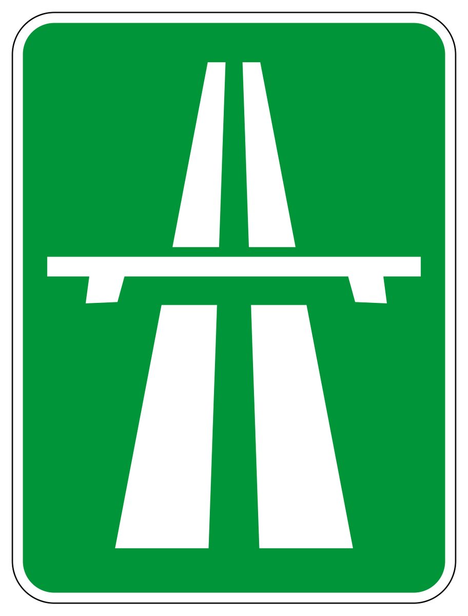 Green rectangular sign containing two white tapering road strips crossed by a horizontal bridge.