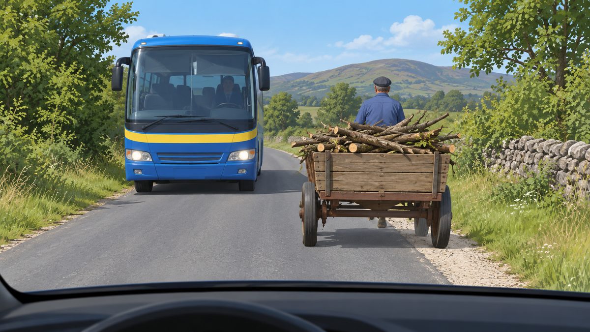 An animal-drawn cart near the road edge and an oncoming bus.