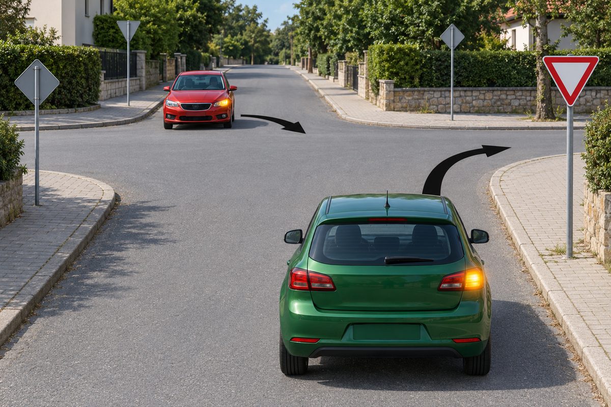 A green car seen from behind and an opposing red car have screen-right amber lamps lit and black arrows curving right. A red-bordered inverted triangle faces the viewer at the near-right corner; a grey inverted triangle is opposite and grey diamond backs stand on the side approaches.