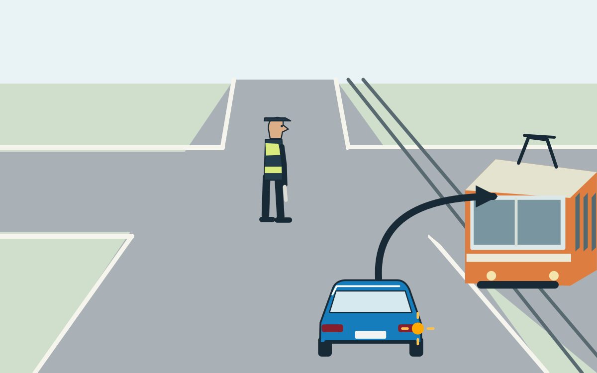 Rear view of a blue car with a lit right indicator and a right-turn arrow across tram rails; a tram is to the right and a controller ahead faces right with arms lowered.