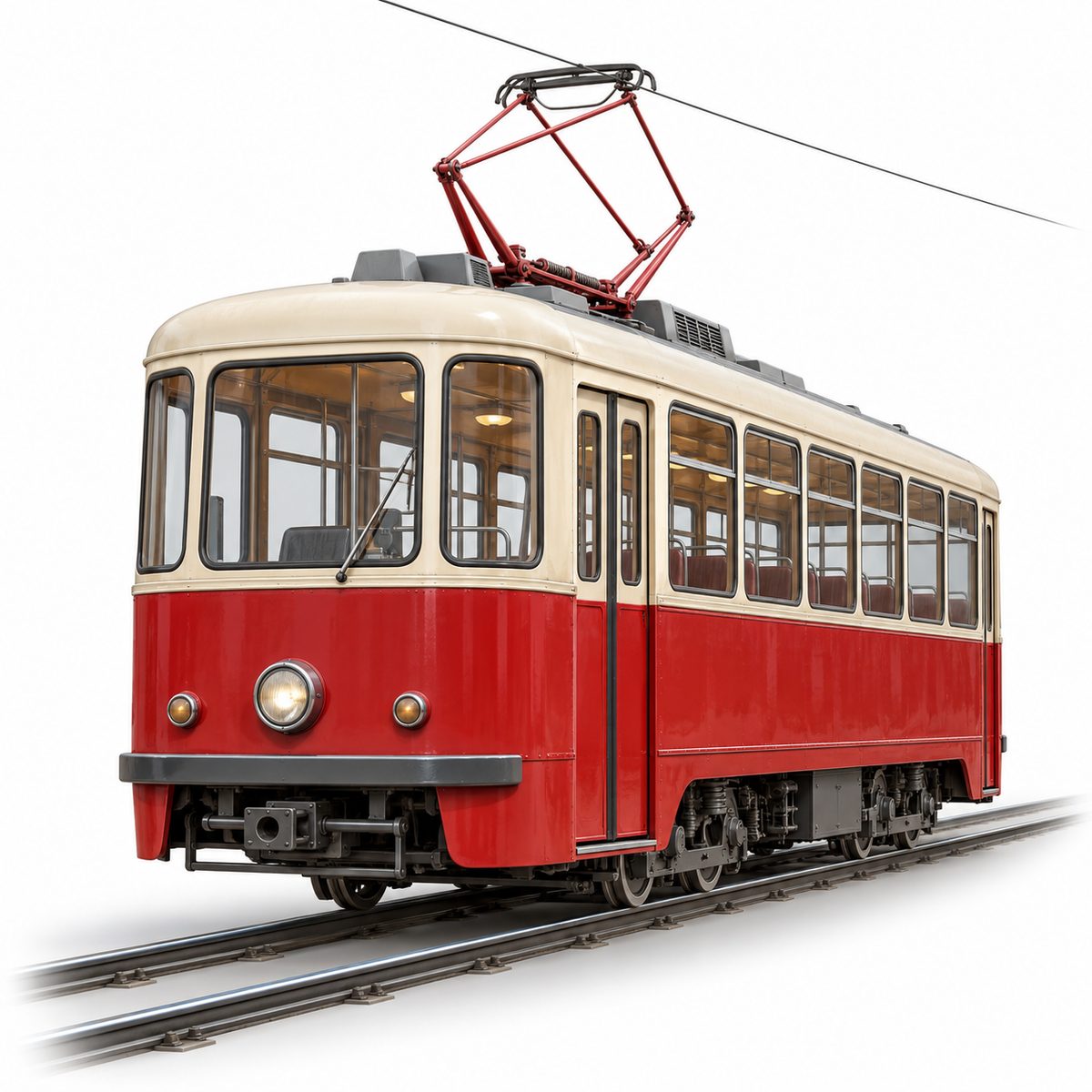 Red and cream passenger vehicle running on rails below overhead wires.