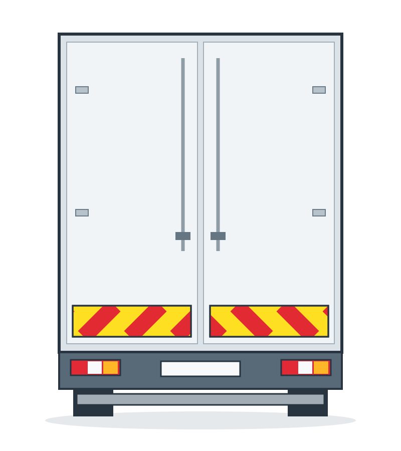 Rear of a vehicle with two horizontal panels of red and yellow diagonal stripes.