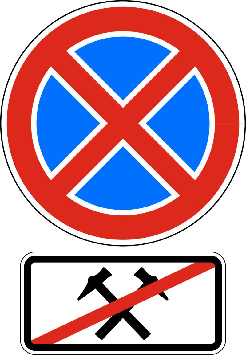 Blue circle with a red border and red diagonal cross. A white, black-bordered plate below shows two crossed black hammers, crossed by a red stripe rising to the right.