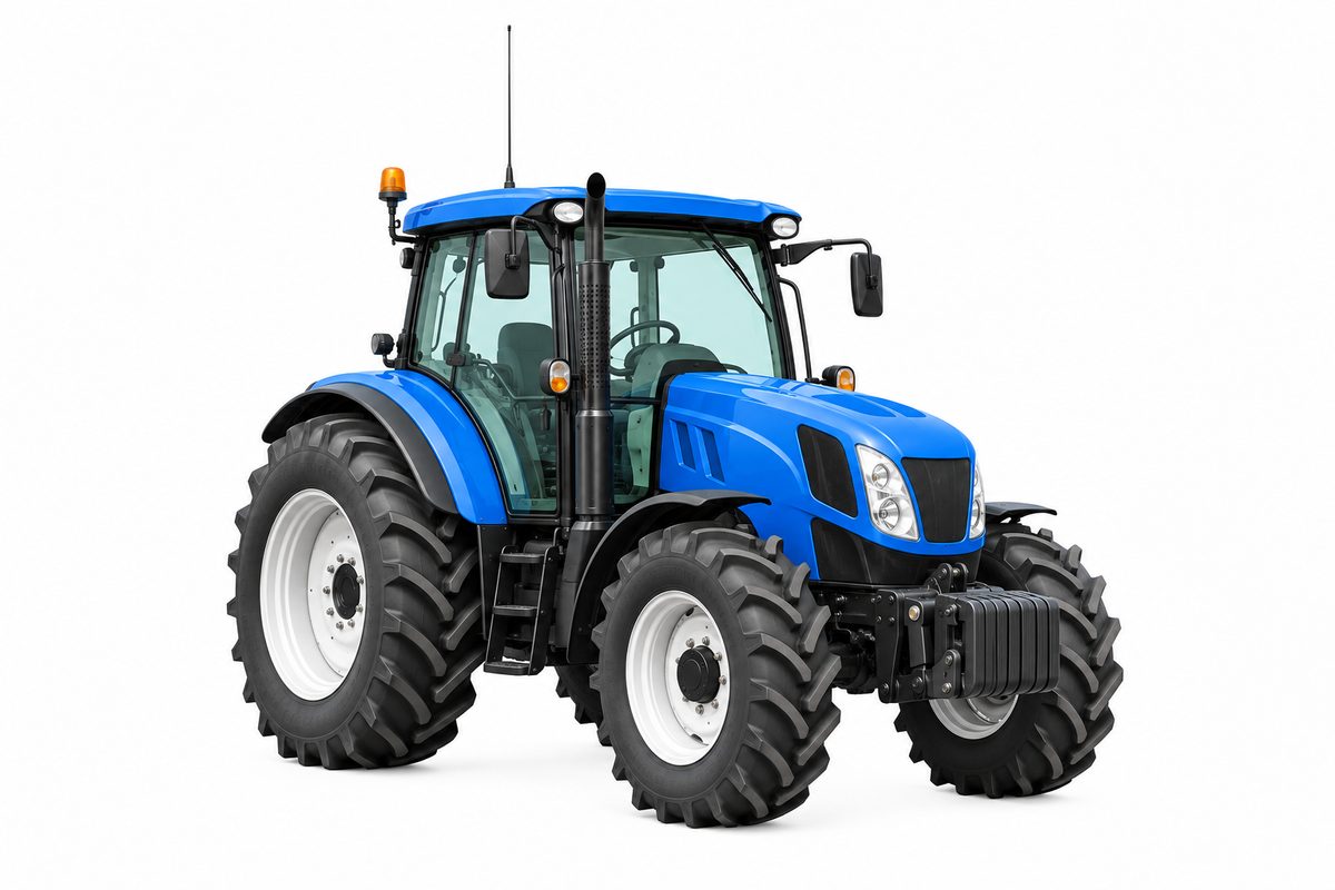 Blue agricultural vehicle with large rear tyres and smaller front tyres.