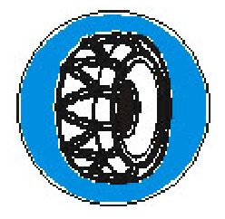 Blue circular sign with a white rim and a black-and-white tyre symbol crossed by chains.