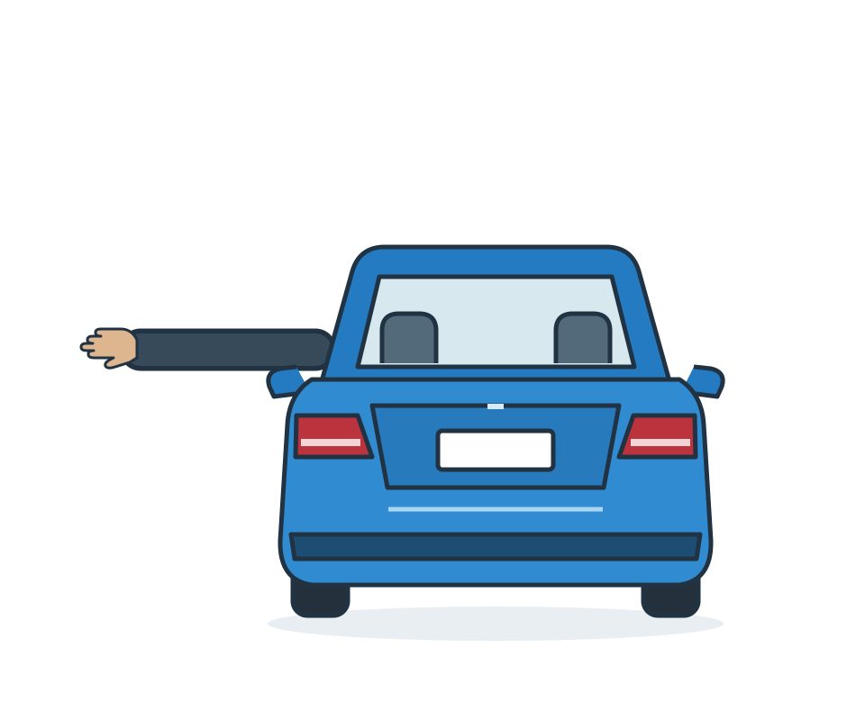 Rear of a blue car with the driver’s left arm extended sideways.