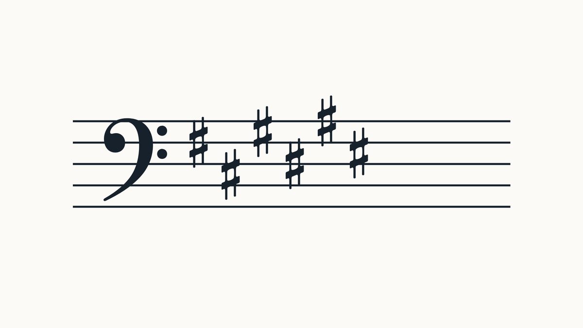 Bass clef on a five-line staff with 6 sharps, left to right on F, C, G, D, A, E positions.