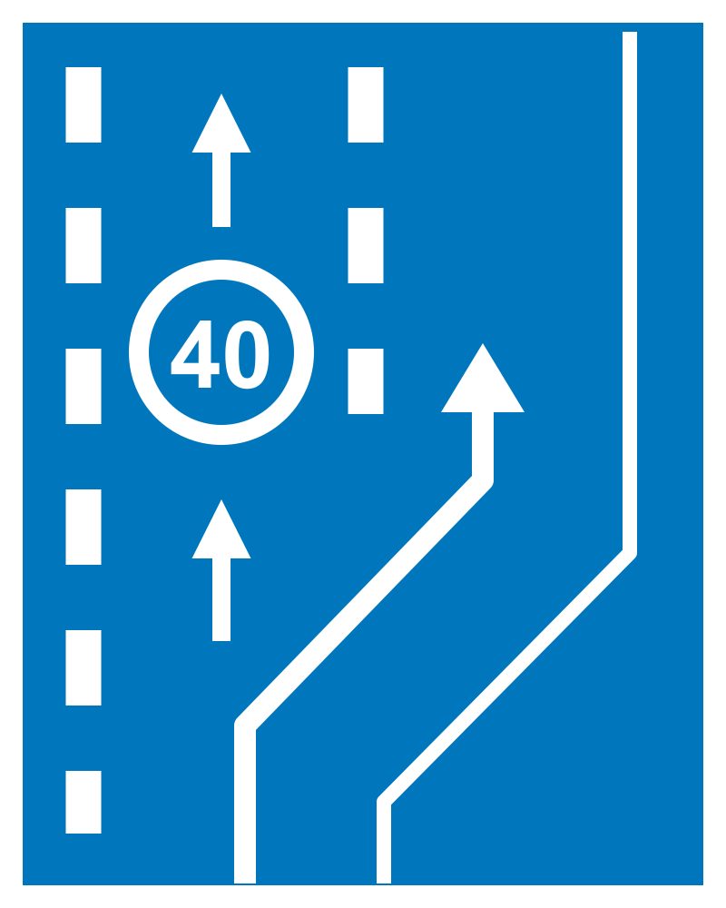 Blue rectangle with dashed white lines, a white-ringed blue 40 circle between two small upward arrows, and a separate line bending right then ending in an upward arrow beside a solid white boundary.