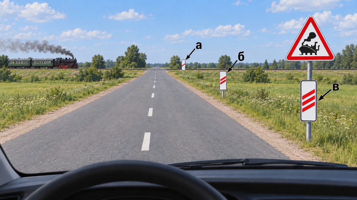 Road approaching railway tracks, with three striped boards labelled а, б and в.