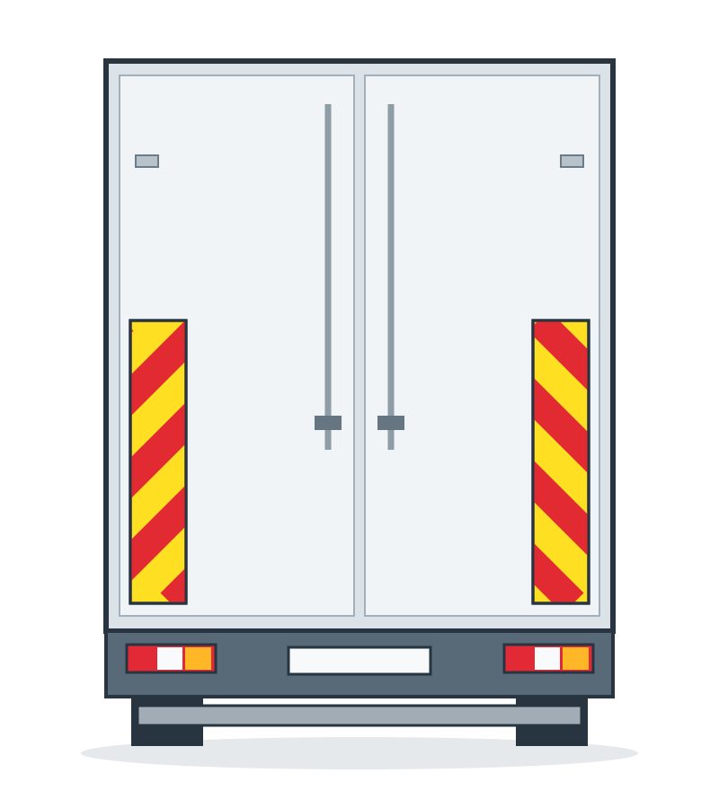 Rear of a vehicle with two vertical panels of red and yellow diagonal stripes.