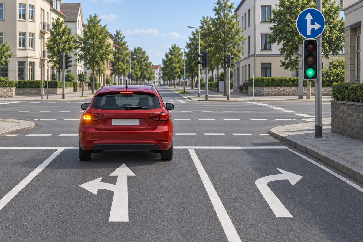 Rear of a red car indicating left in a lane marked straight and left; adjacent lane marked right, with a green light and blue circular sign with a white arrow pointing up and branching right.