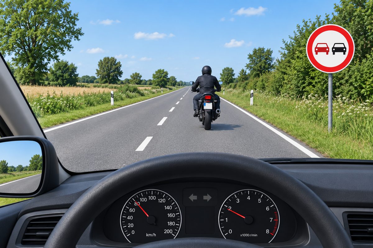 Driver view behind a single motorcycle without a sidecar, on the right of a broken white centre line. A red-ringed sign with red and black car silhouettes stands on the right; the dashboard arrows are gray.