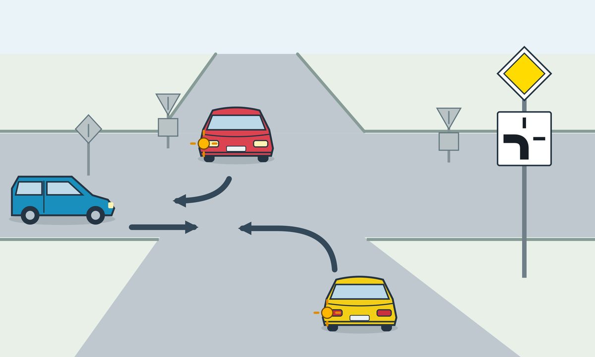 A yellow car in the foreground signals left. A yellow diamond sign with a white border has a plate with a thick route joining the bottom and left arms. A blue compact van on the left points right; a red car opposite signals right toward the image left.