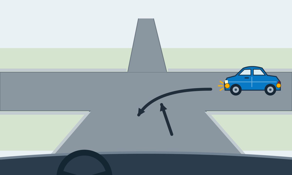 Driver’s view of an unsigned crossroads, continuing straight; a blue car from the right signals and turns toward the foreground.