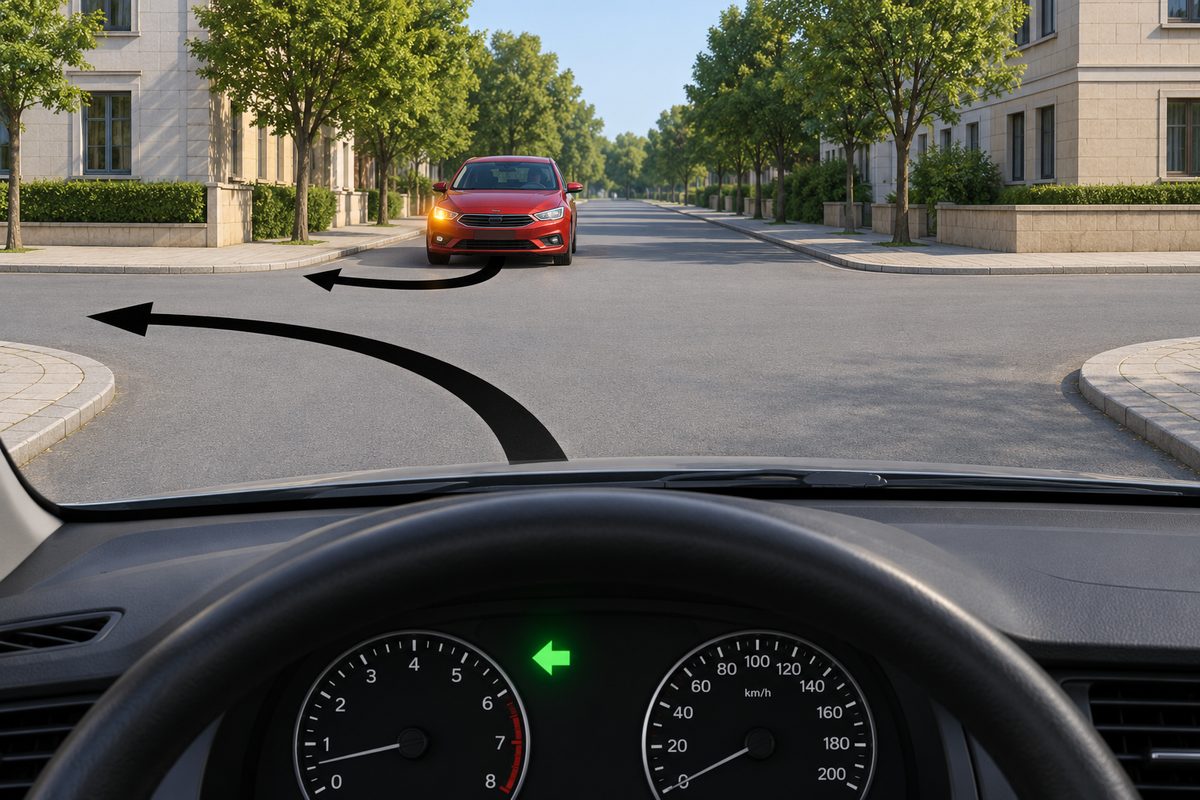 Windscreen view of an unmarked crossroads with an oncoming red car. Its screen-left amber lamp is lit. Two black road arrows curve toward the left-hand road, and the dashboard left arrow is green.