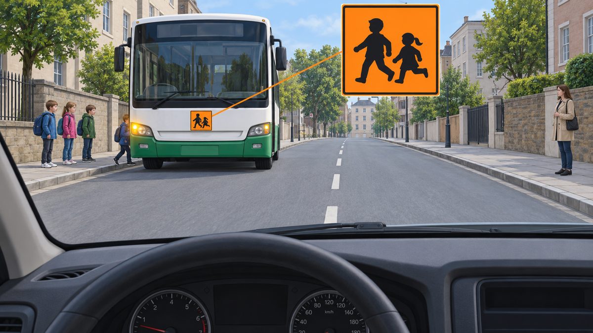 A bus faces the driver with children beside it and an orange panel on its front.