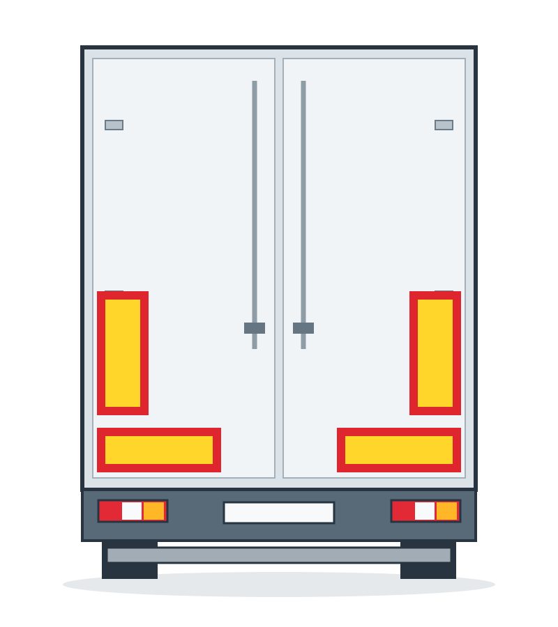 Rear of a vehicle with four yellow panels outlined in red, arranged in two L shapes.